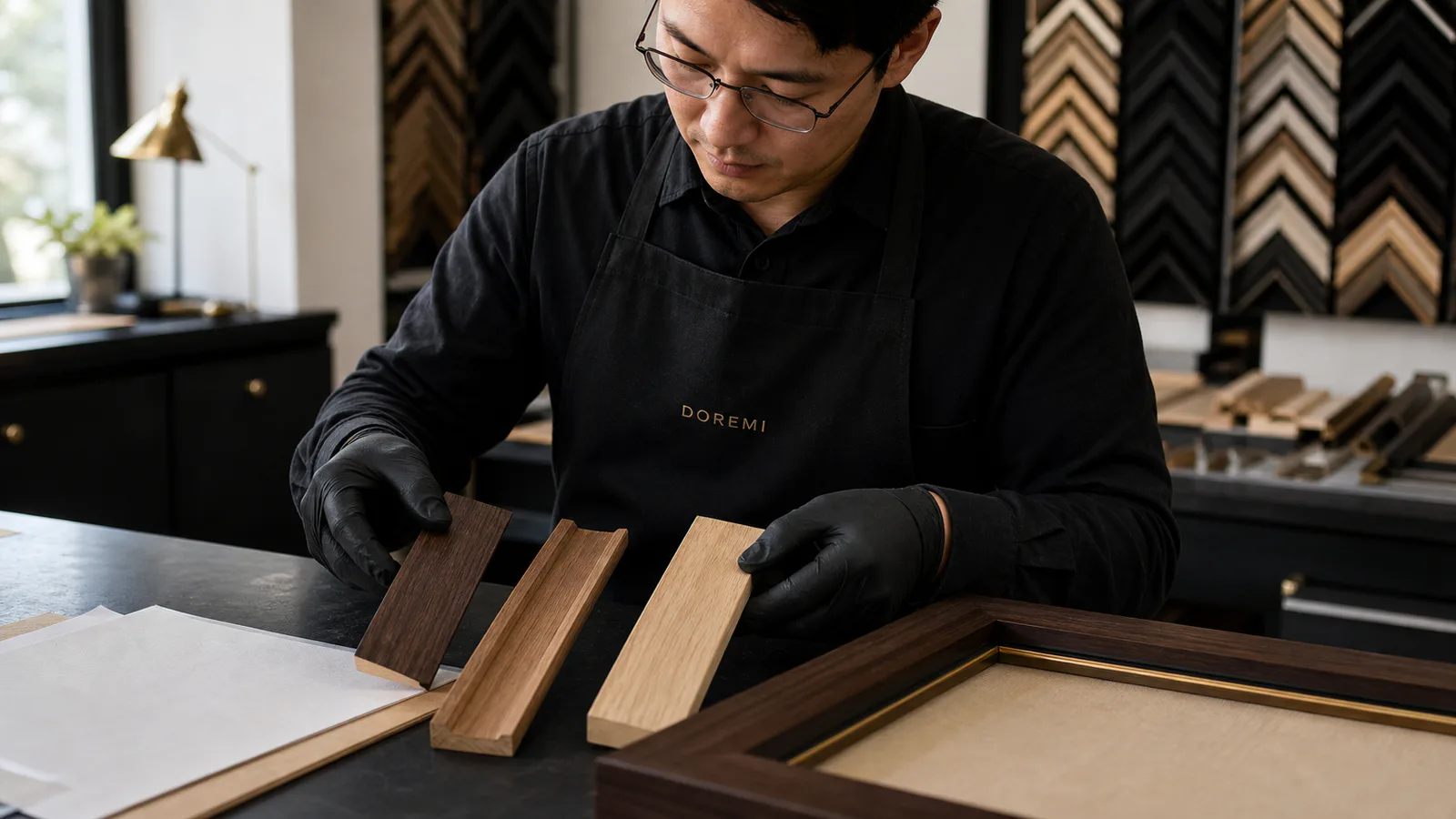 DOREMI technician comparing wooden display-frame moulding samples during a material identity review