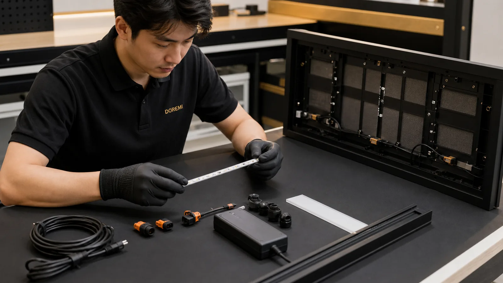 DOREMI technician inspecting an LED strip, connectors, external power adapter and open illuminated display-frame back