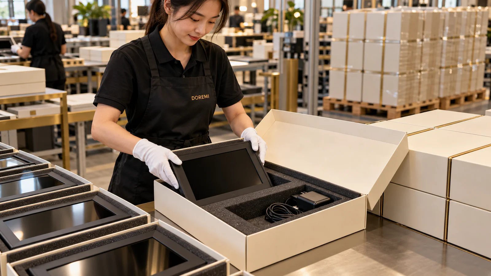 Powered-off digital display frames protected in cream export cartons while a DOREMI packing specialist checks accessory restraint