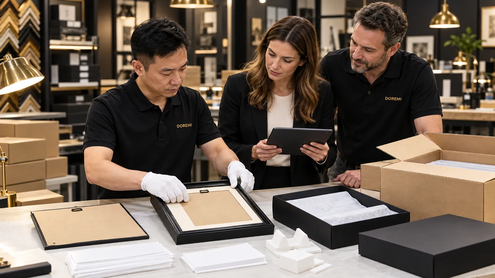 DOREMI frame specialist, brand manager and technician reviewing final display-frame assembly and packaging at a controlled workbench