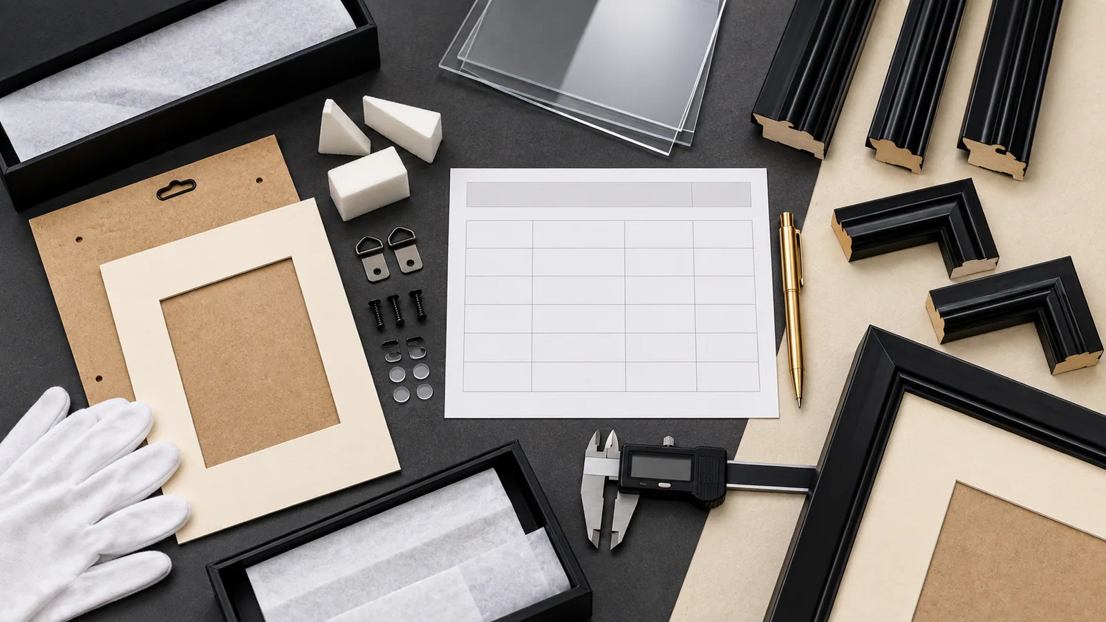 Overhead evidence audit of black display-frame moulding, glazing, mat board, backing, hardware and a blank provenance matrix
