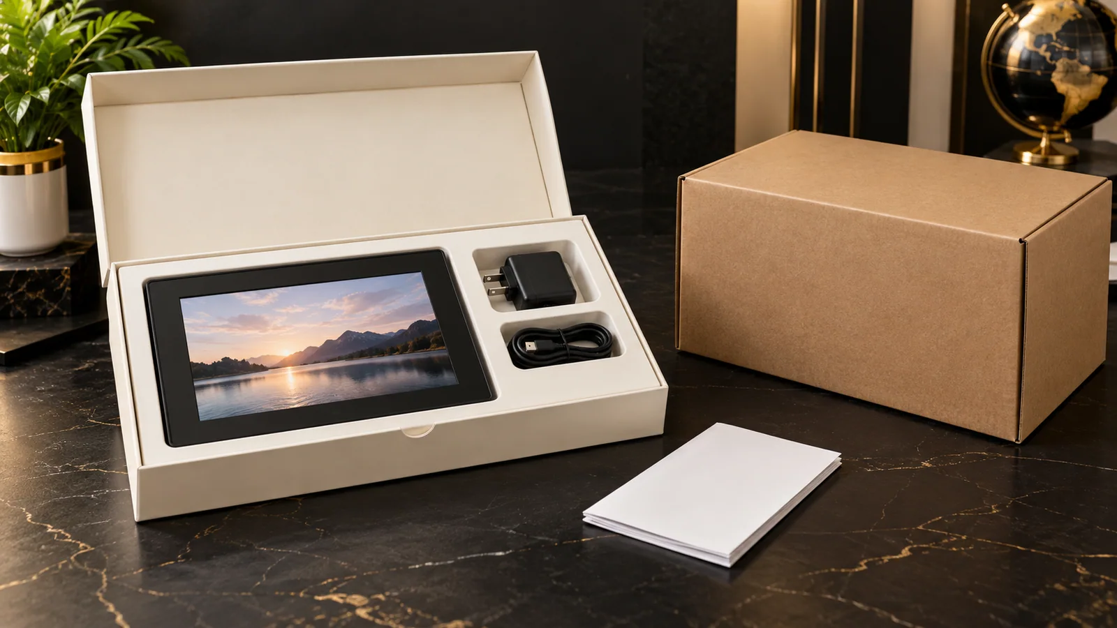 Black Wi-Fi digital photo frame in fitted cream packaging with adapter, blank manual and export carton for a Malaysia importer handover