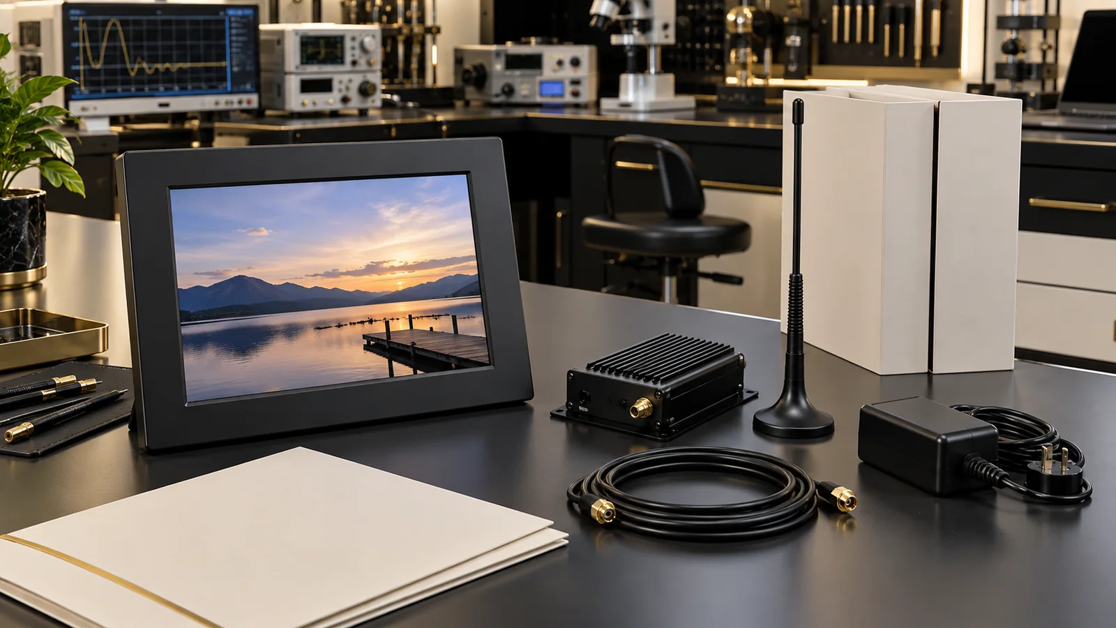 Black wireless digital photo frame with a generic radio unit, antenna, cables, adapter and blank technical folders in a premium Malaysian approval review lab