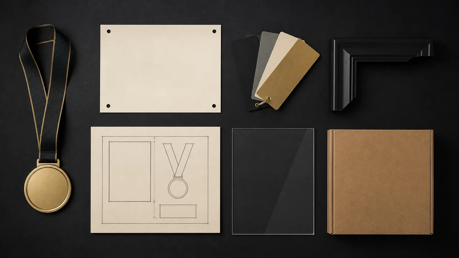 Flat lay of a medal display project brief with sample materials and layout sketch