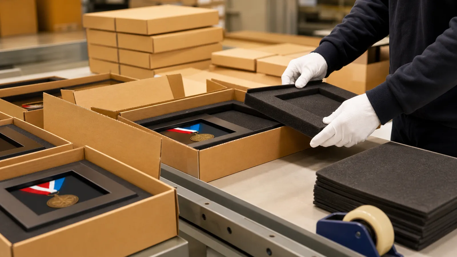 Gloved hands checking protective foam in medal display export packaging
