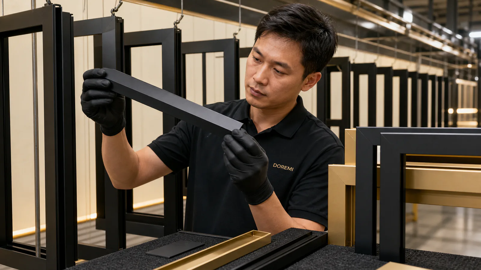 DOREMI technician inspecting the surface finish on matte-black and champagne-gold metal display-frame profiles