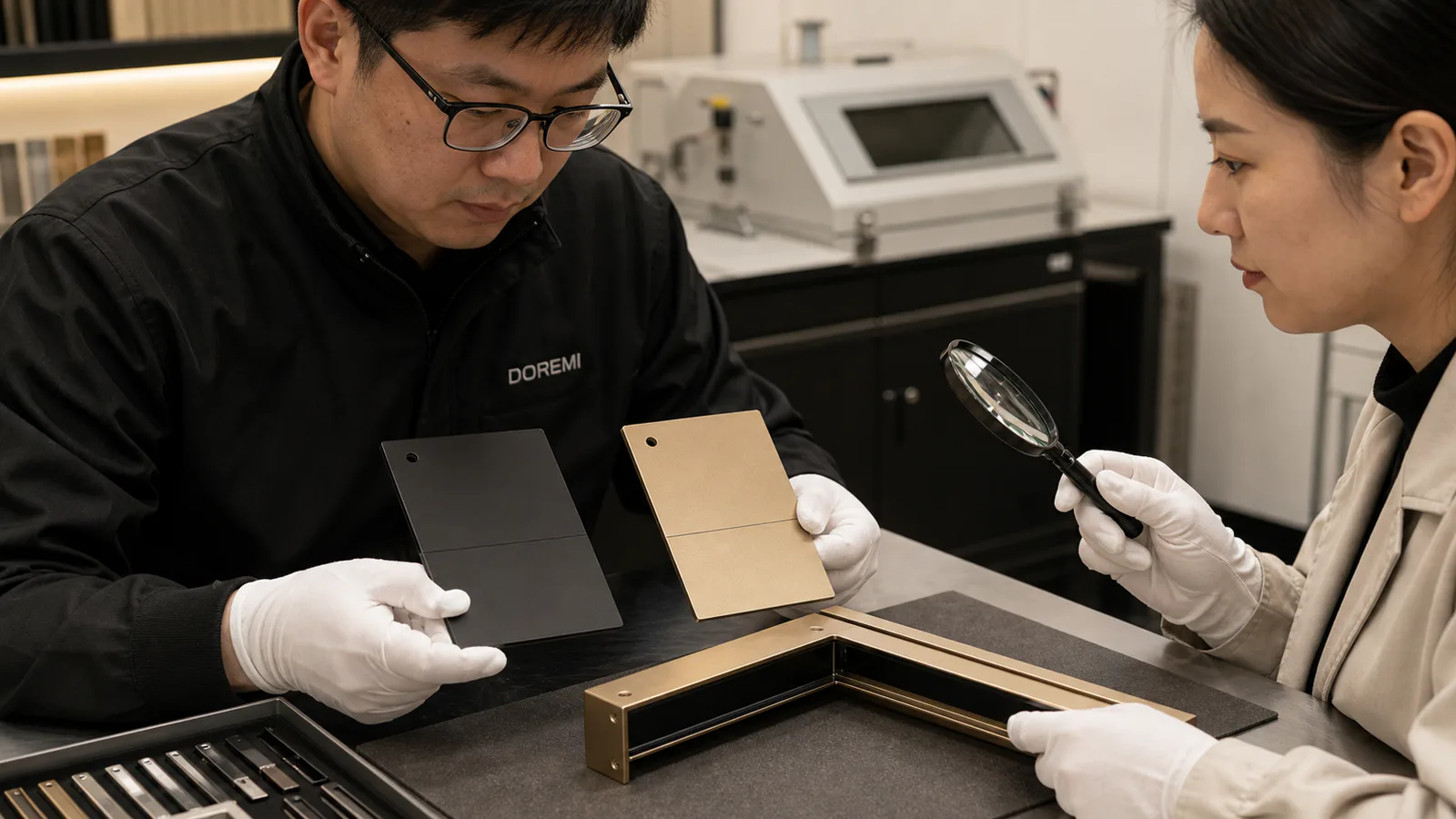 Quality team examining matte-black and champagne-gold coated metal coupons beside a finished display-frame corner