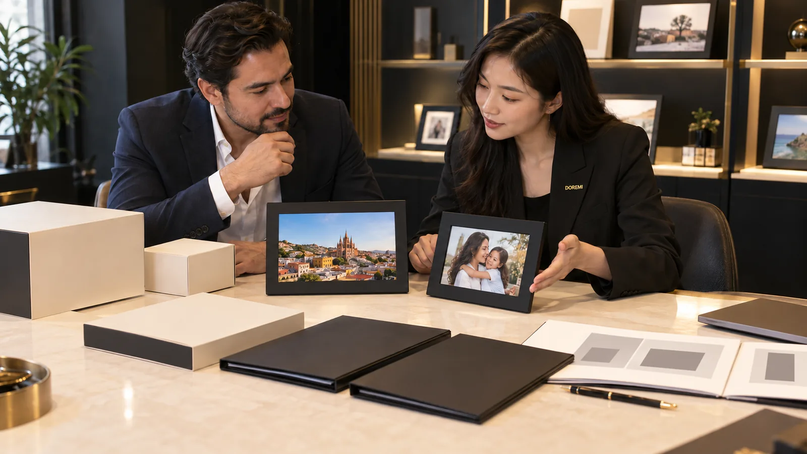Mexican importer and DOREMI supplier team reviewing digital photo frame packaging and controlled blank compliance files