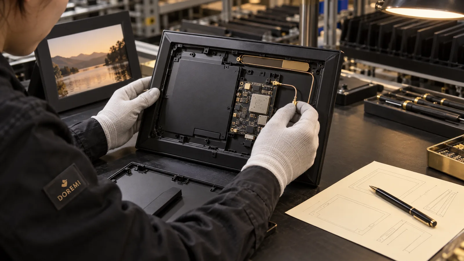 Engineer inspecting the radio module and antenna layout inside a premium black digital photo frame without readable labels