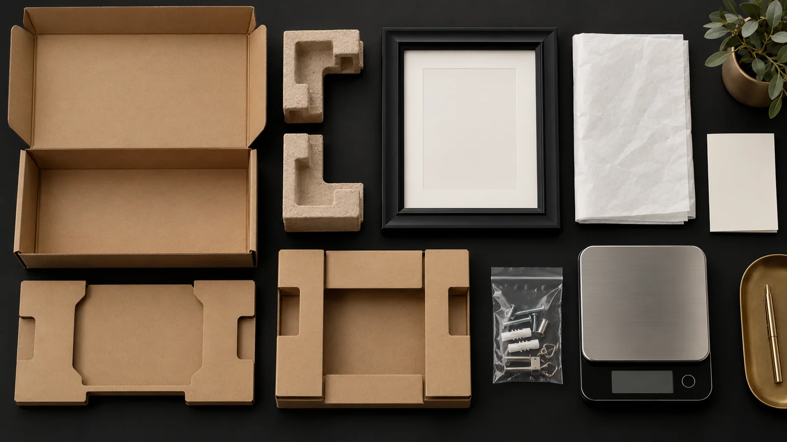Black display frame with retail carton, moulded-fibre corners, tissue, paper insert, hardware pouch and scale arranged for a packaging bill of materials