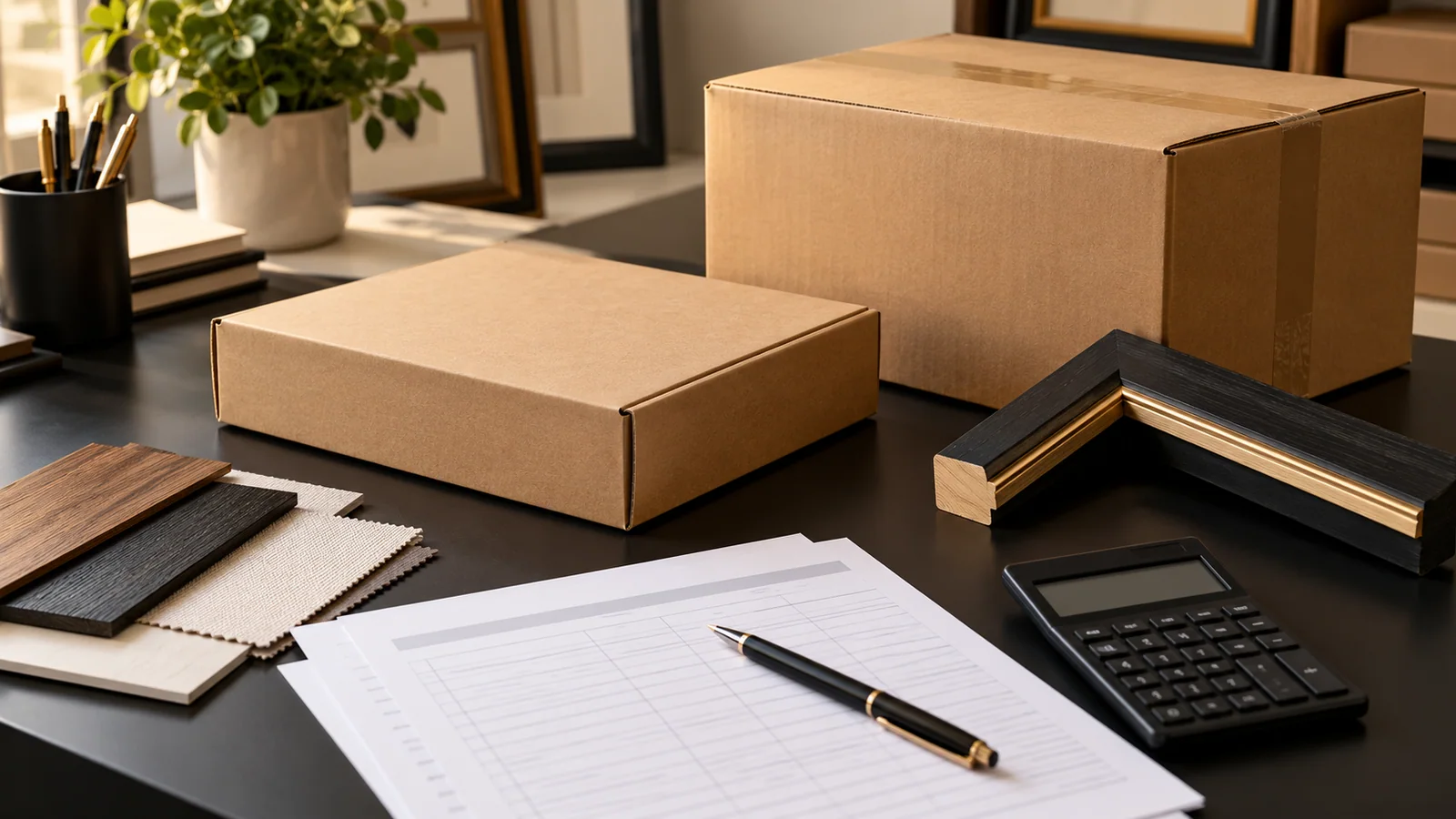 Display-frame carton, material swatches, blank packaging data sheets and calculator arranged for a Minnesota supplier handover