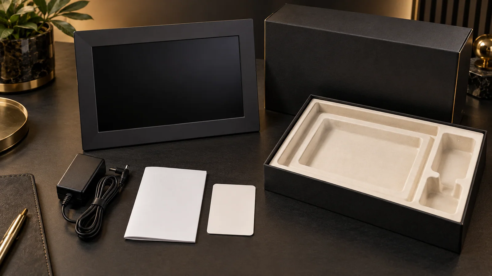 Black digital photo frame, external power supply, blank manual, blank label card and fitted cream packaging arranged for a New Zealand shipment handover