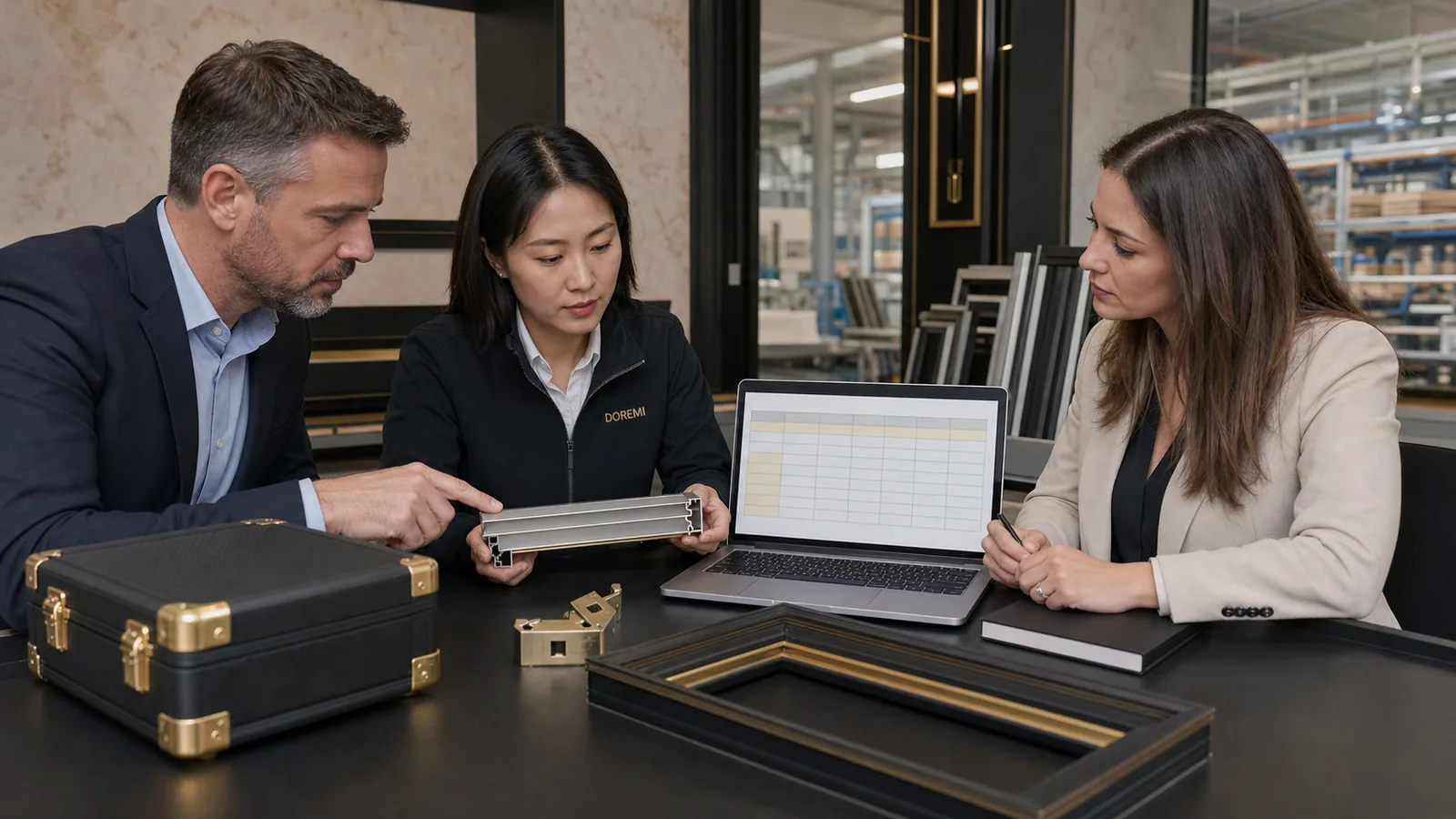 Procurement, finance and DOREMI teams reviewing a custom frame profile, tooling case and blank allocation grid