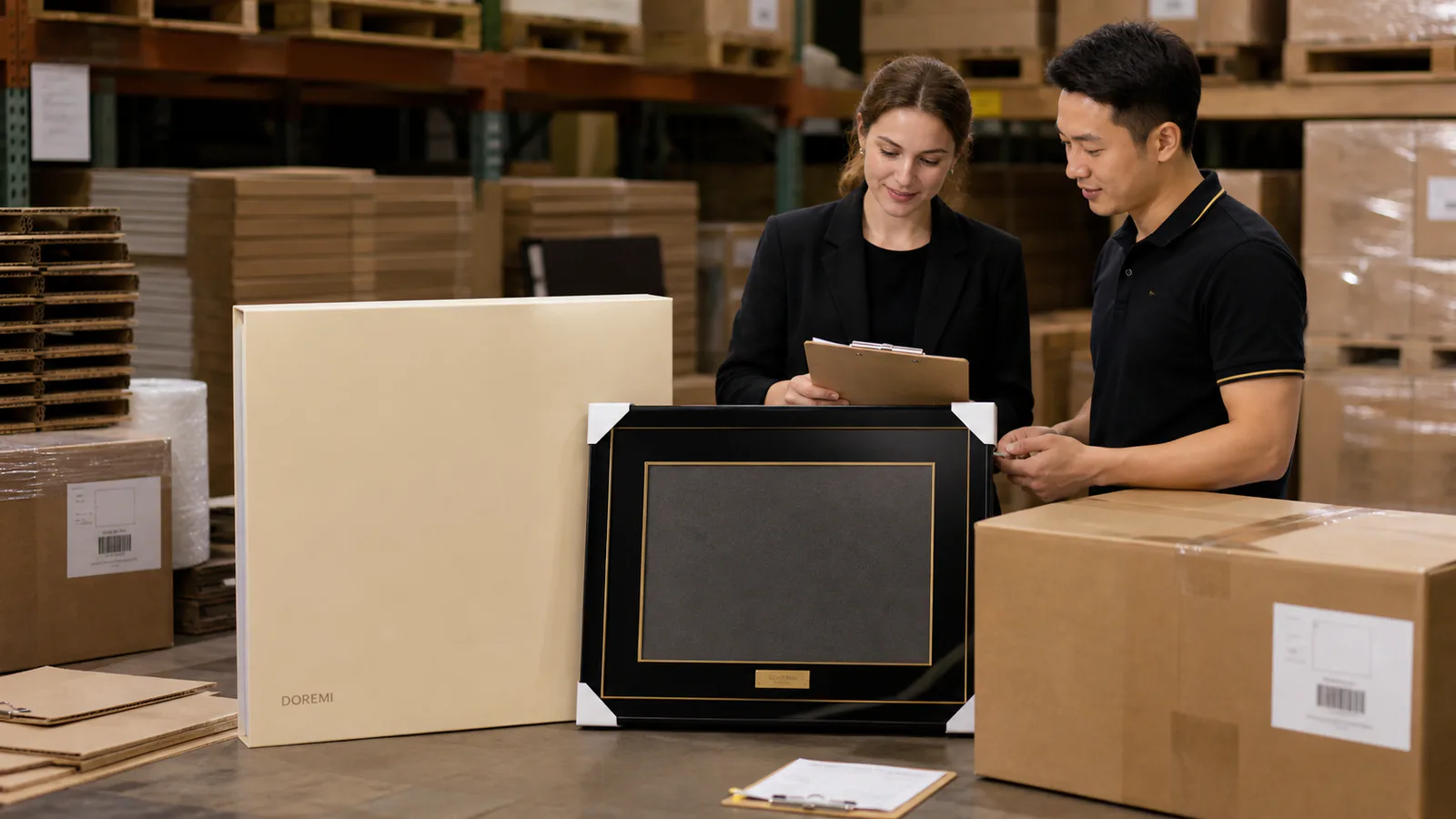Buyer and DOREMI packing specialist reviewing a black display frame, presentation box and master cartons