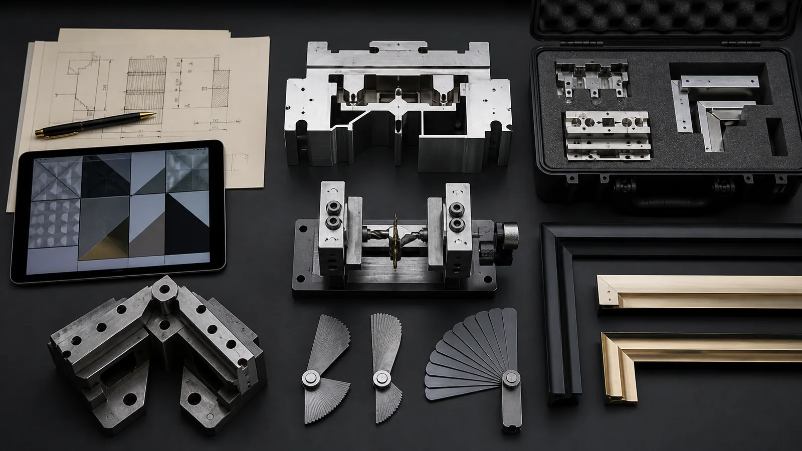 Organized extrusion dies, corner jigs, gauges and custom frame profiles in an OEM tooling register