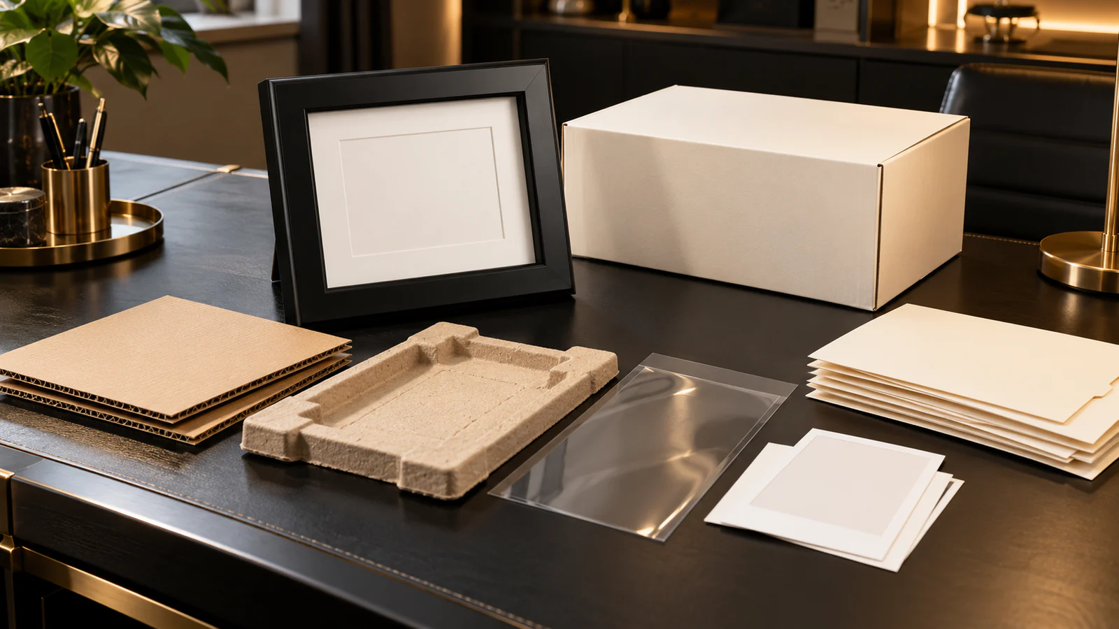 Black display frame, cream packaging samples and blank revision folders prepared for an Ontario Blue Box supplier data handover