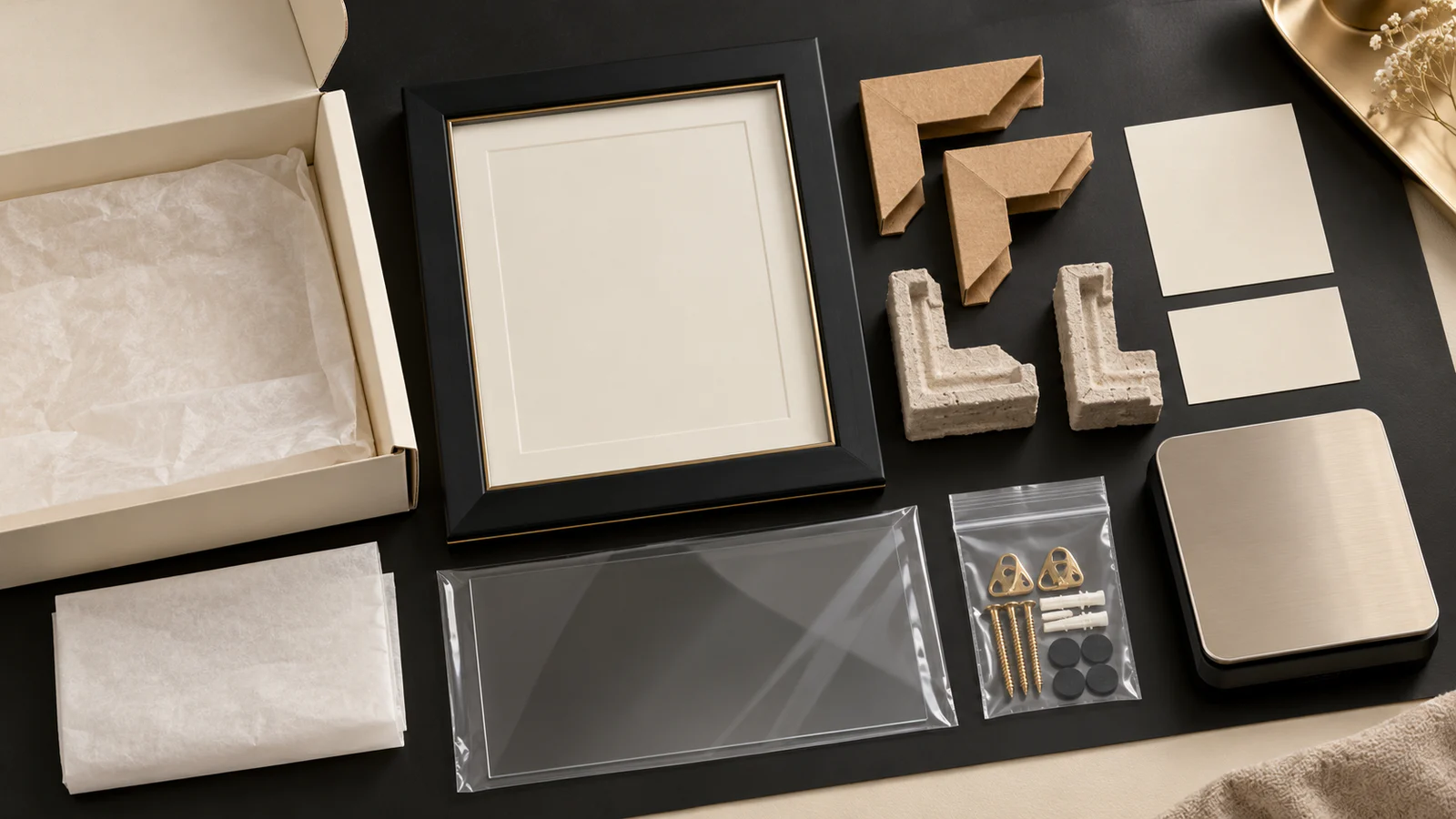 Black display frame with cream carton, paper corners, film, hardware pouch and blank component cards arranged for an Ontario packaging bill of materials
