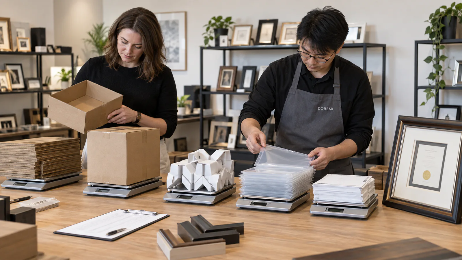 Oregon brand manager and DOREMI engineer weighing retail cartons, protective sleeves and paper corners for a display-frame packaging record