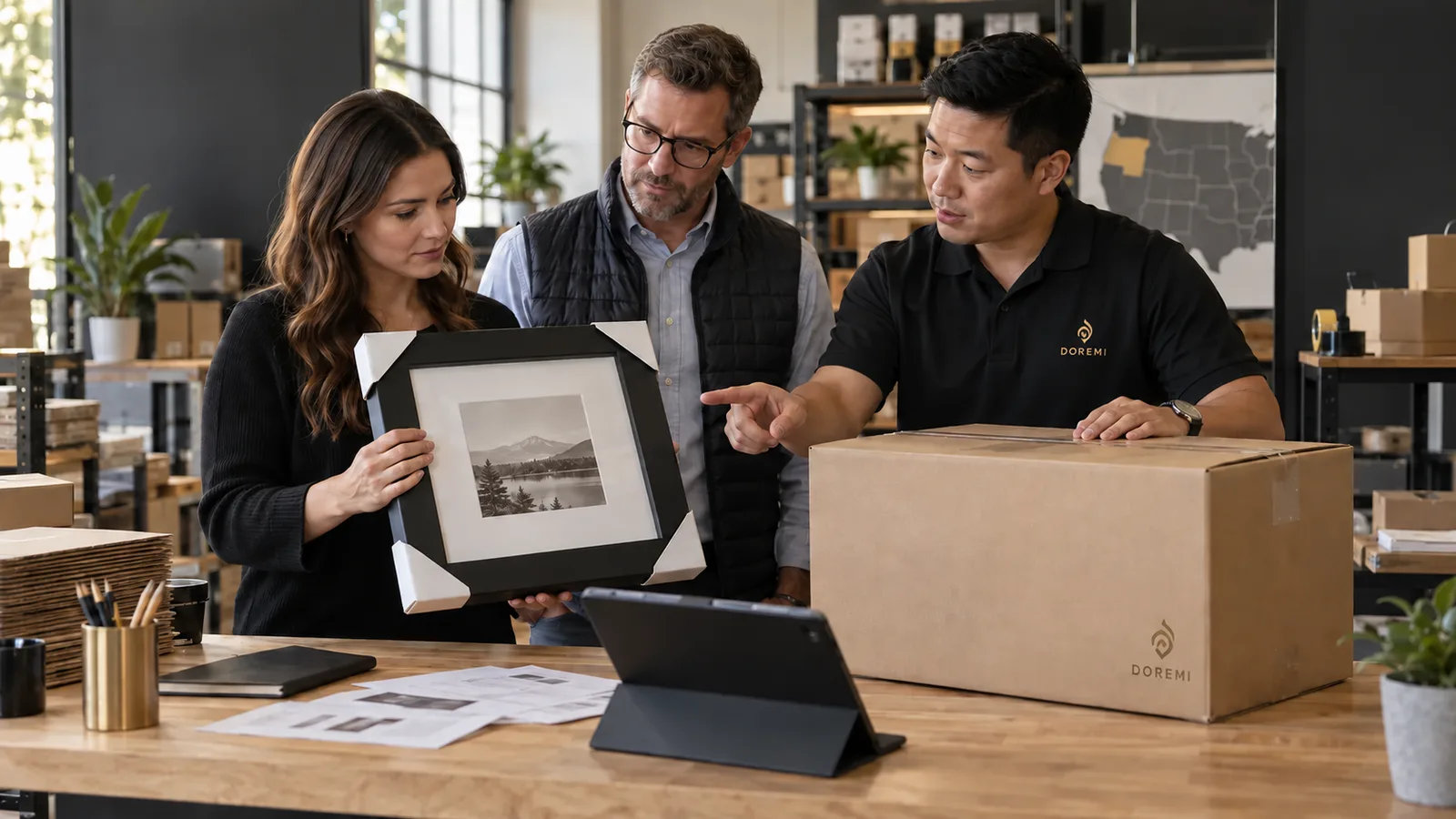 Importer, ecommerce buyer and DOREMI advisor comparing a retail-packed frame with an outer parcel carton for Oregon sales