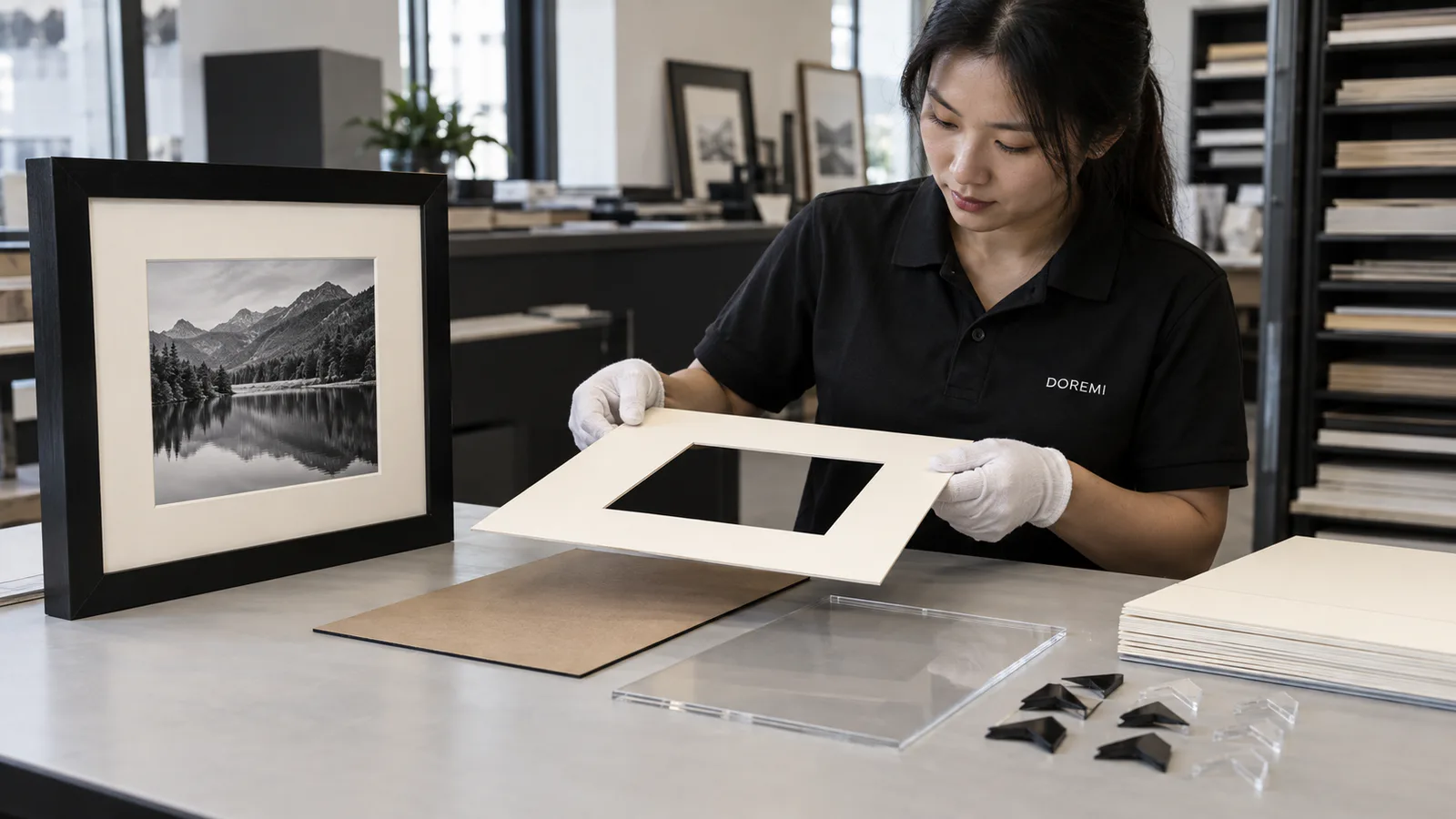 DOREMI technician comparing matboard, backing, clear glazing and photo-corner materials beside a black picture frame