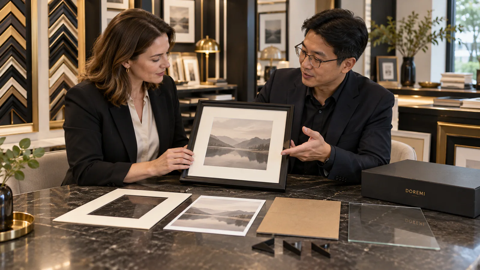 Private-label buyer and DOREMI project advisor reviewing a black photo frame with matboard, backing and glazing samples