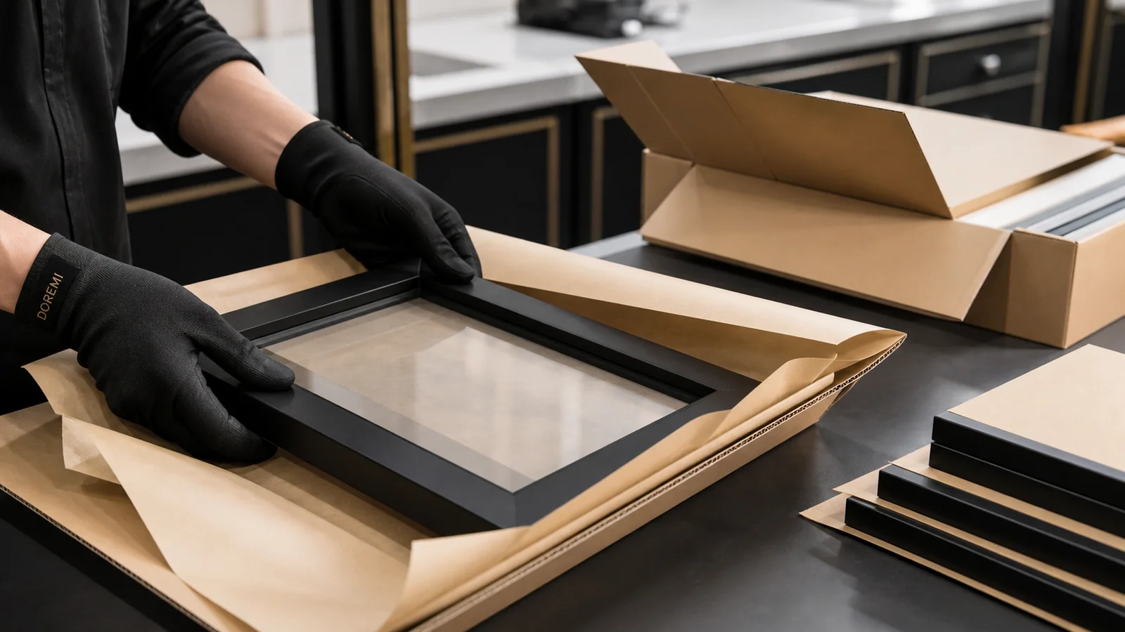 DOREMI inspector checking a black display frame inside paper-based protective packaging at a controlled packing station