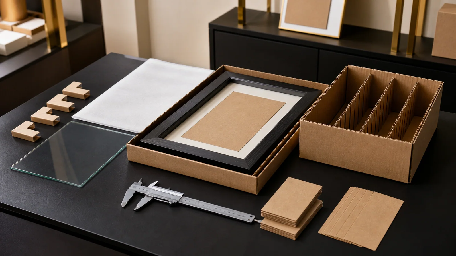 Display frame, corrugated carton, paper corner protectors, glazing sheet and measuring tools arranged for a PPWR packaging component review