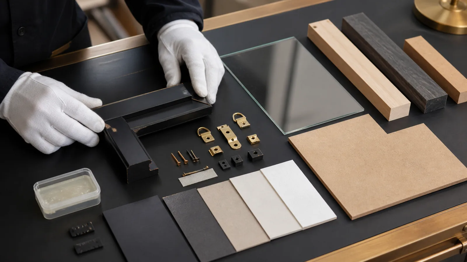 Gloved technician mapping metal, wood, glazing, backing and coating components from a custom display frame