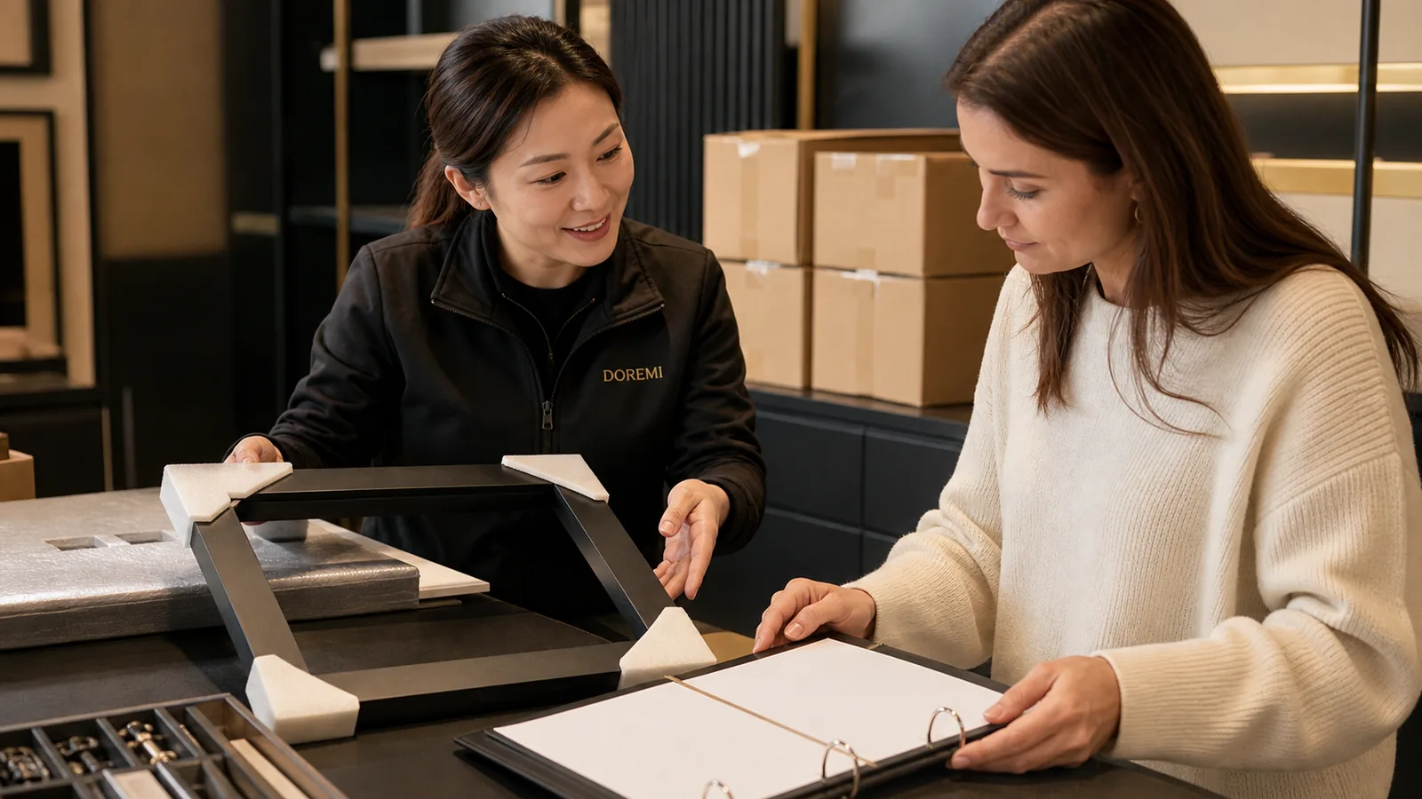 DOREMI project advisor and retail buyer reviewing a packed black display frame and blank component evidence binder