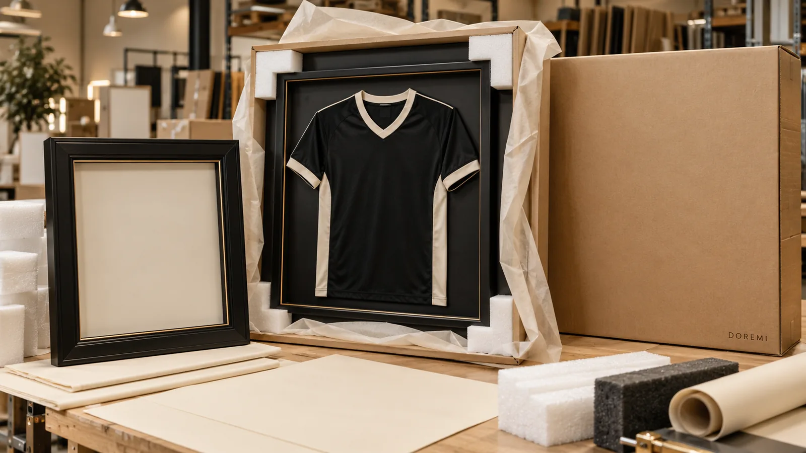 Premium certificate and jersey display frames packed beside controlled bilingual artwork proofs for a Quebec shipment