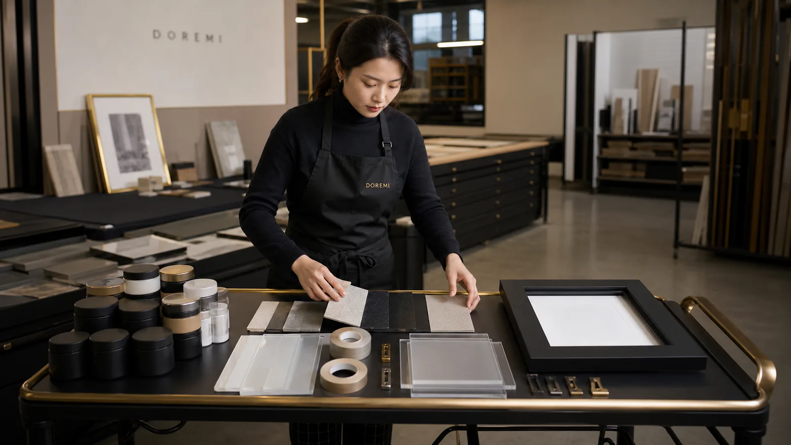 DOREMI material coordinator mapping coatings, adhesives, acrylic, backing and hardware samples to a display-frame production batch