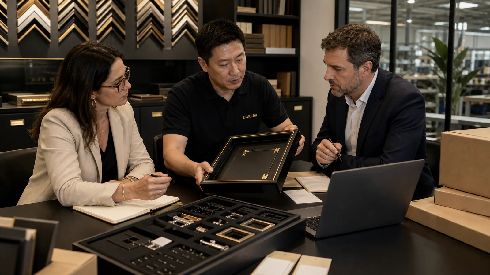 EU importer and DOREMI team reviewing a shadow-box component tray and supplier data before market release