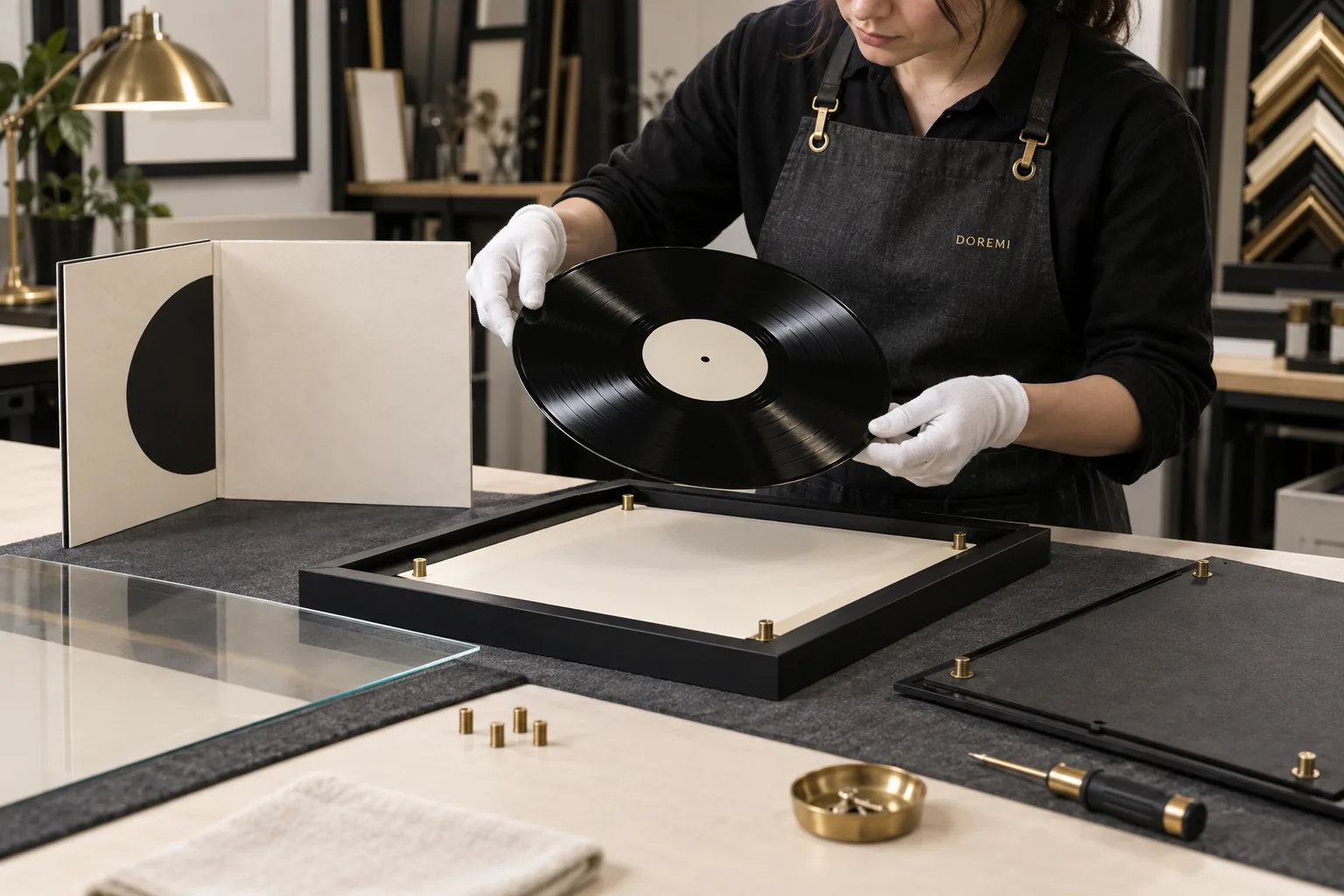 DOREMI technician lifting a generic vinyl record by its edges while testing a removable display frame