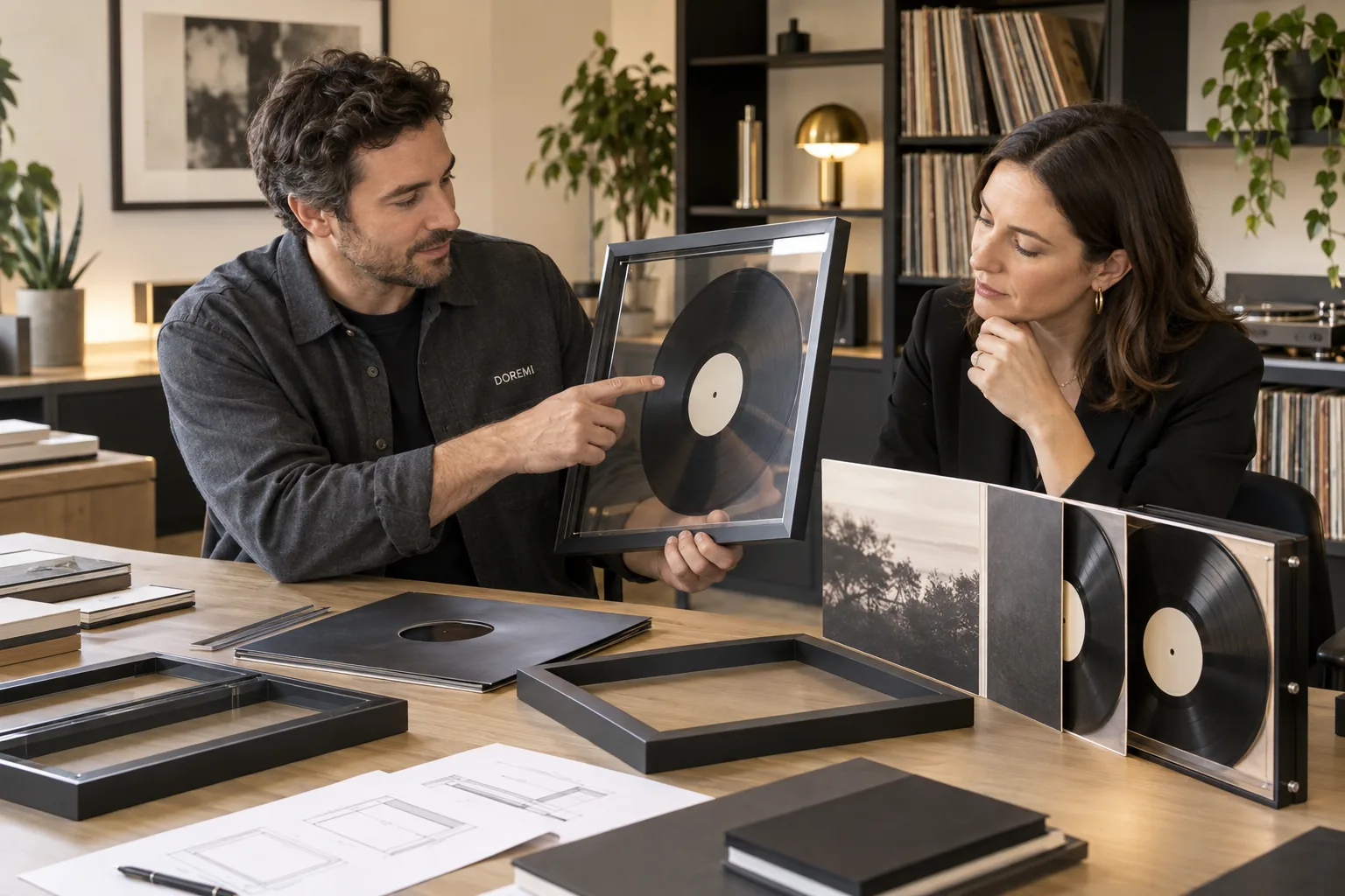 DOREMI project advisor and music retail buyer comparing single LP, gatefold and double-record display-frame samples