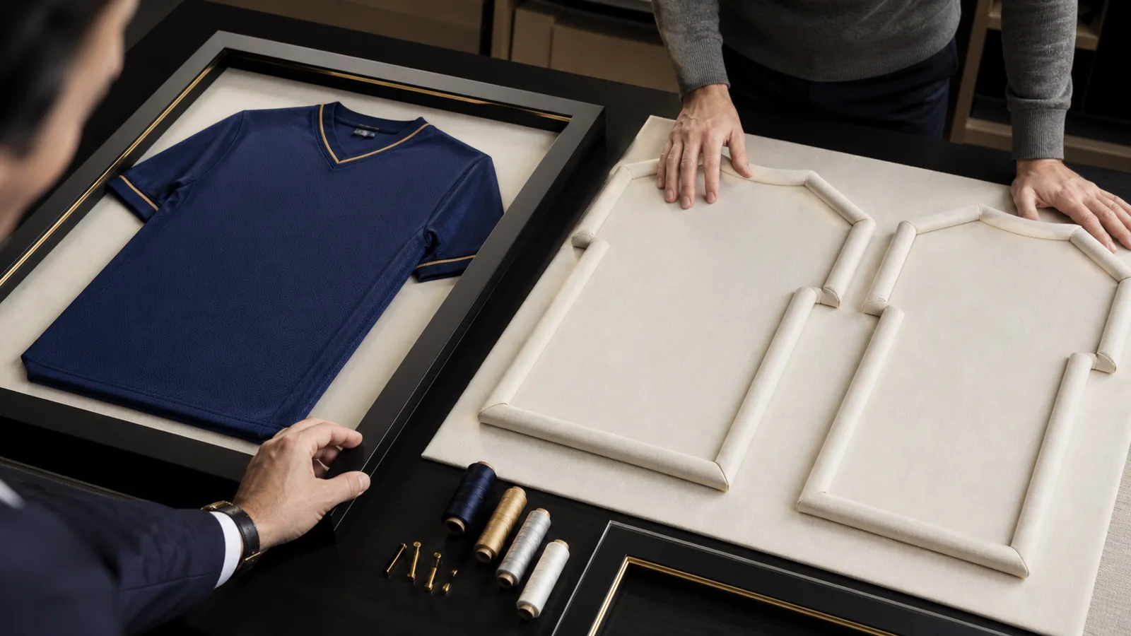 Buyer comparing a finished navy jersey display with removable padded support mockups, threads and frame components