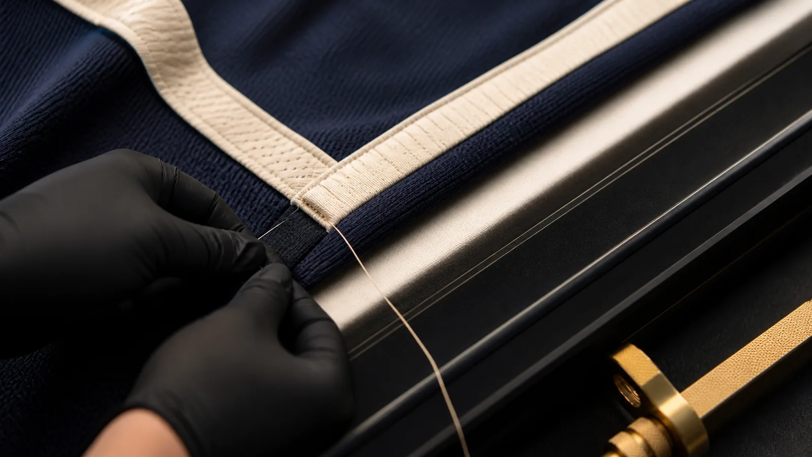 Close-up of gloved hands using fine neutral thread to secure a navy jersey hem to a padded support