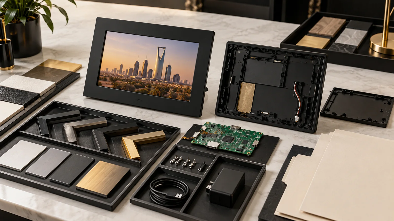 Black digital photo frame, circuit board, cable and frame-finish samples arranged for a Saudi material-evidence review
