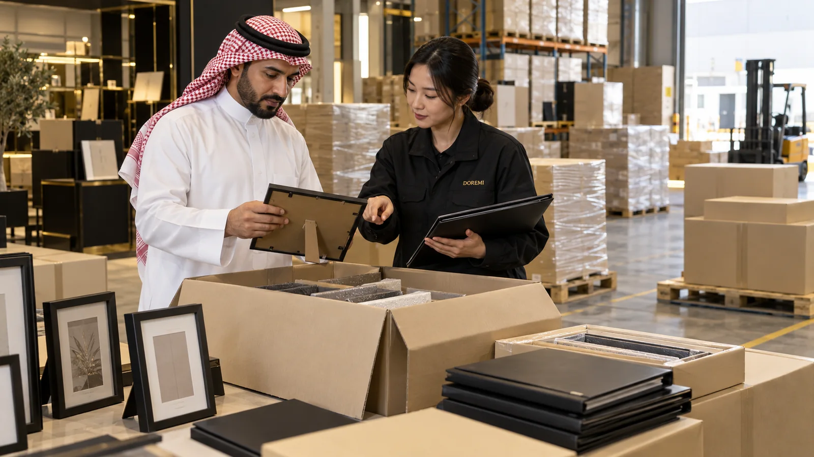 Saudi importer and DOREMI specialist checking physical display frames, blank cartons and shipment records before release