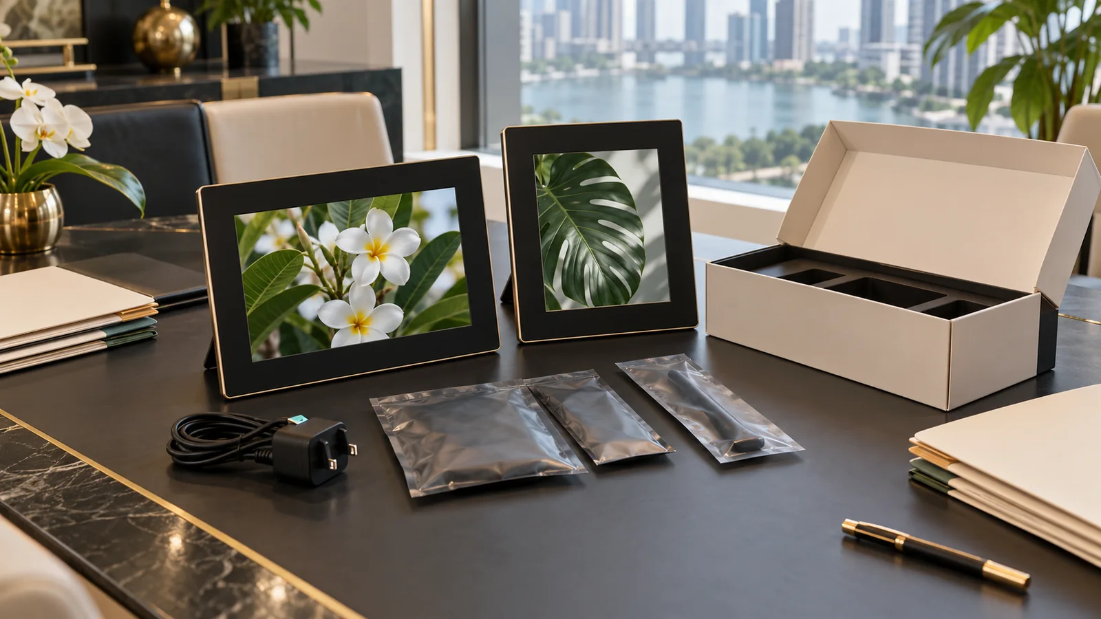 Digital photo frame samples, sealed component pouches, blank folders and retail packaging prepared for a Singapore importer handover
