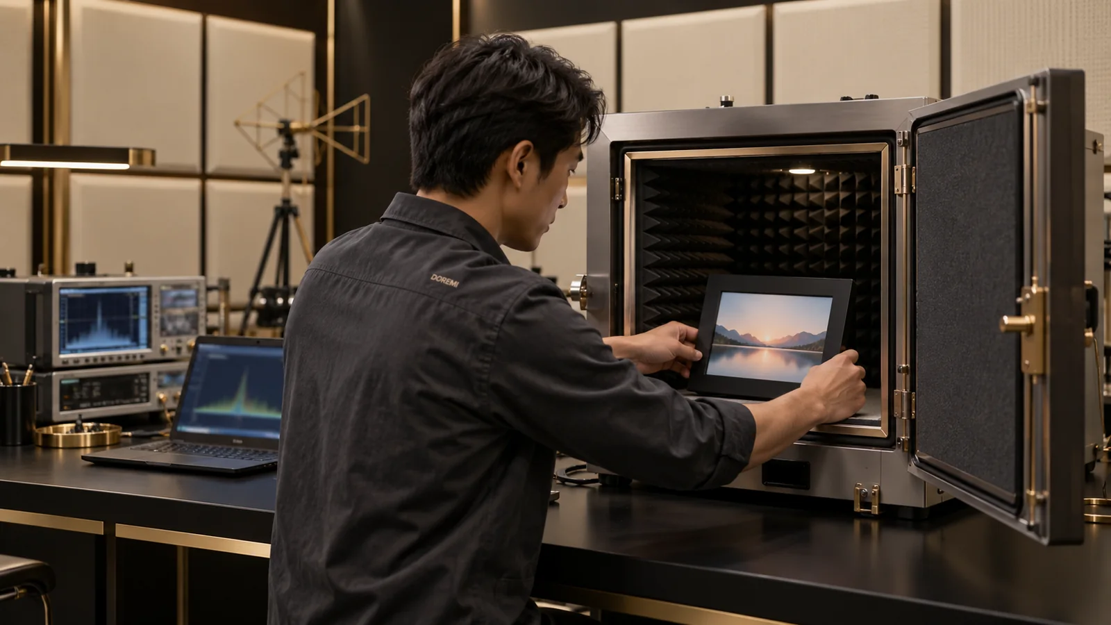 DOREMI engineer placing a digital photo frame in a shielded radio test enclosure in a premium RF laboratory