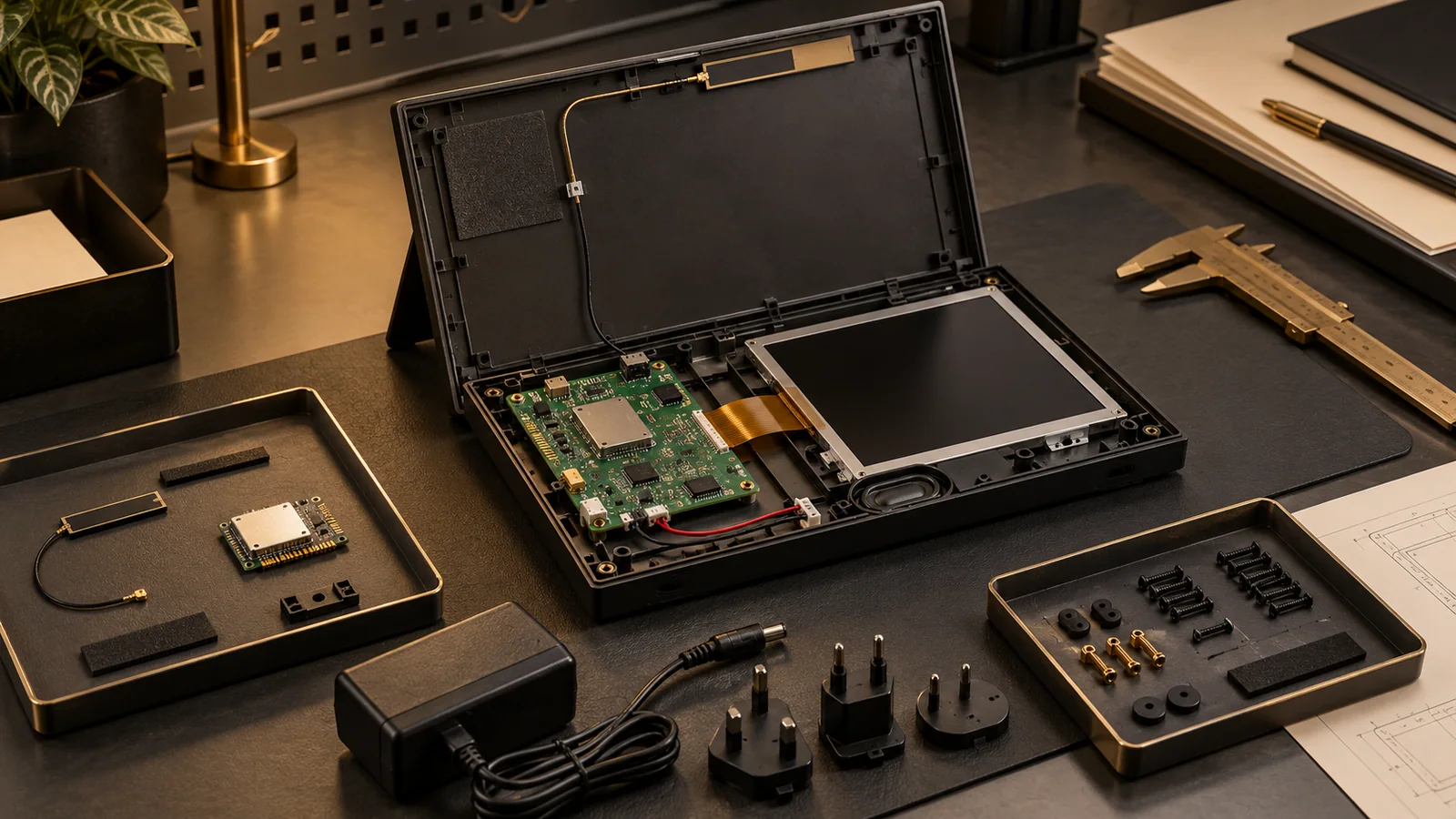 Opened black Wi-Fi digital photo frame with generic radio board, antenna, adapter options and display assembly during a South Africa type-approval review