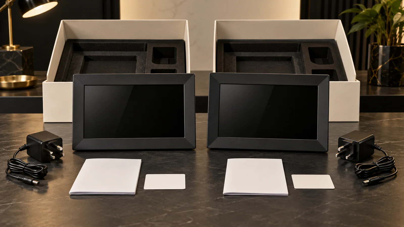 Two matching black digital photo frames with blank manuals, label cards, external power supplies and fitted packaging arranged for South Africa model-control inspection