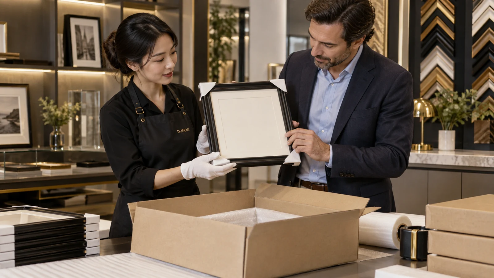 Buyer and DOREMI packaging specialist reviewing a black display frame, blank insert and protective carton layers for Spain
