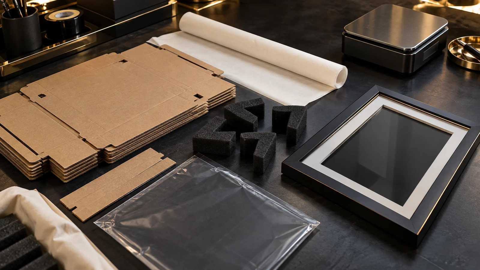 Black display frame with separated corrugated, paper, foam and protective packaging components prepared for a Spain packaging bill of materials