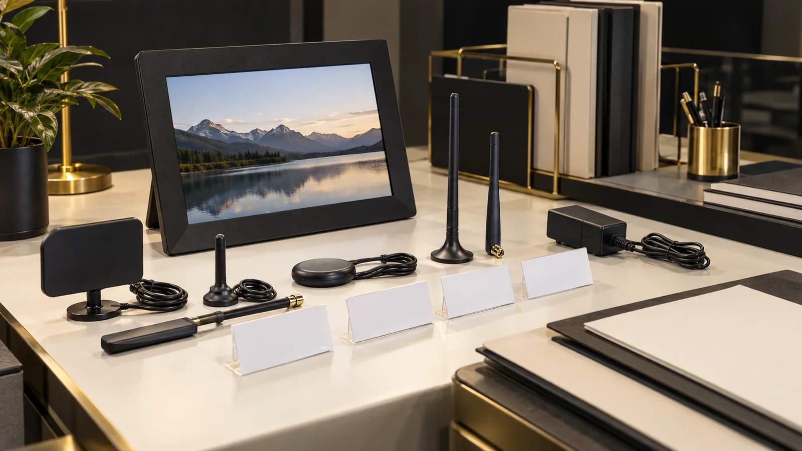 Black Wi-Fi digital photo frame with generic antenna samples, blank model cards and a power adapter arranged for Taiwan configuration review