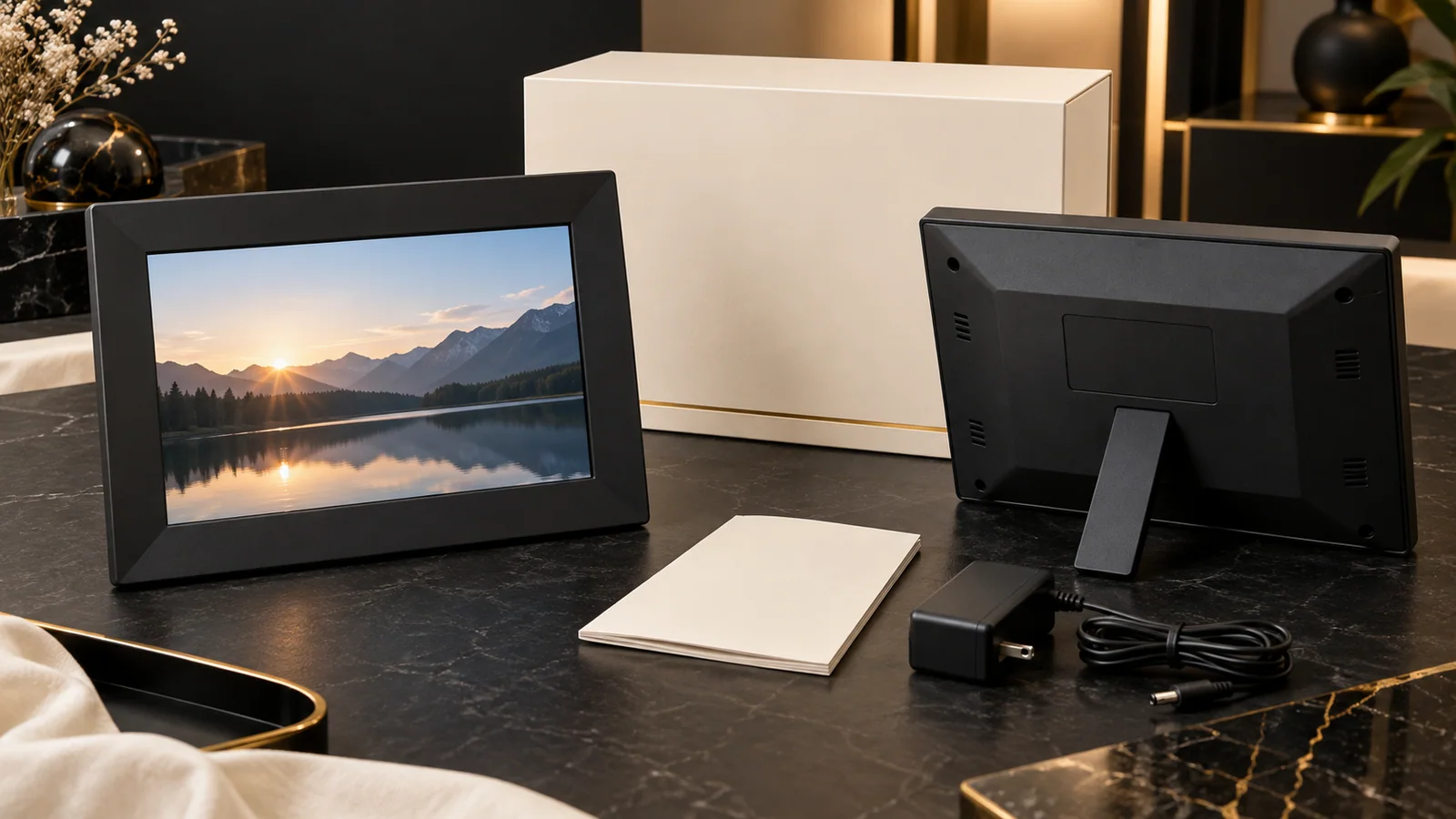 Front and back views of black digital photo frames with a blank label zone, power adapter, blank manual and cream retail carton for Taiwan release