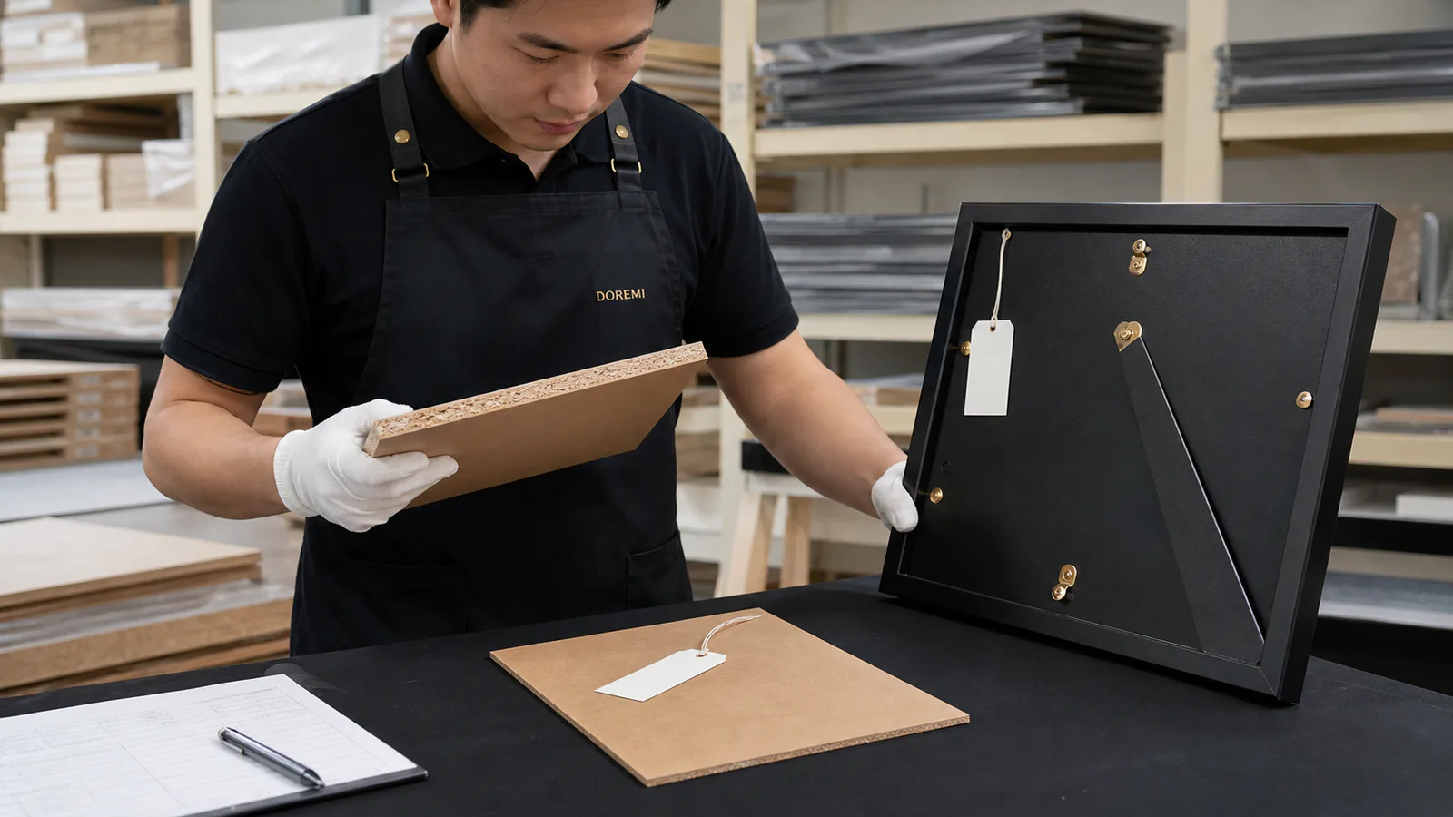 DOREMI technician checking a composite-wood backing panel against the back construction of a black display frame