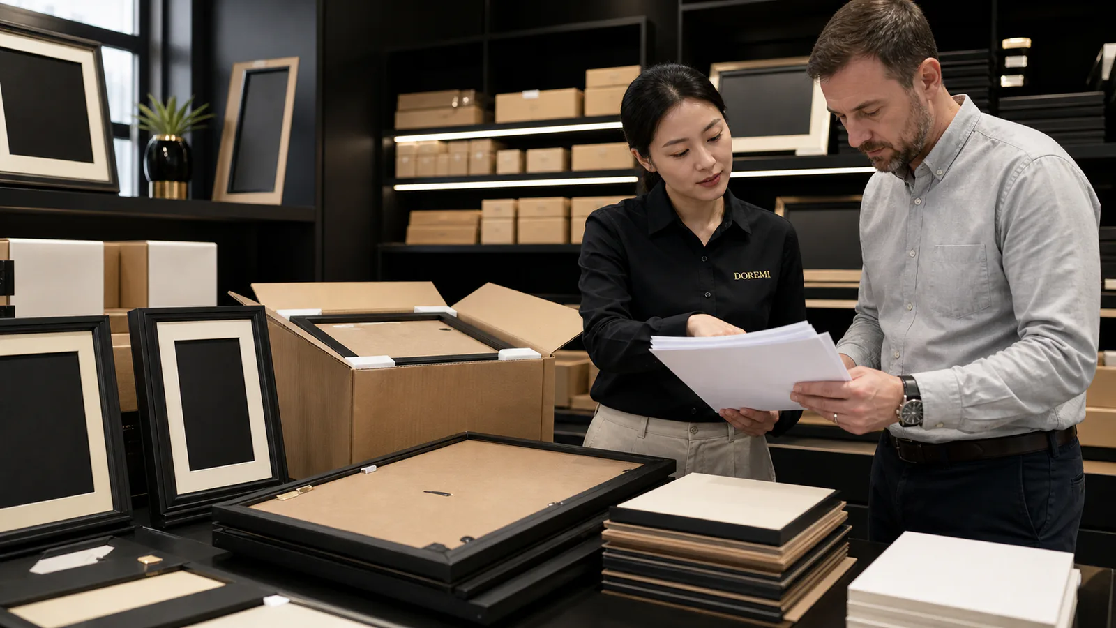 U.S. buyer and DOREMI advisor reviewing composite-wood display-frame records beside protected finished frames