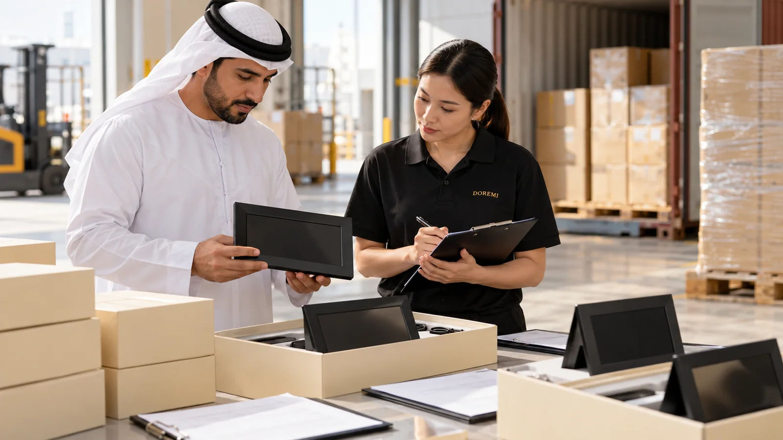 UAE importer and DOREMI specialist checking black digital photo frames, blank cartons and shipment records in a logistics area