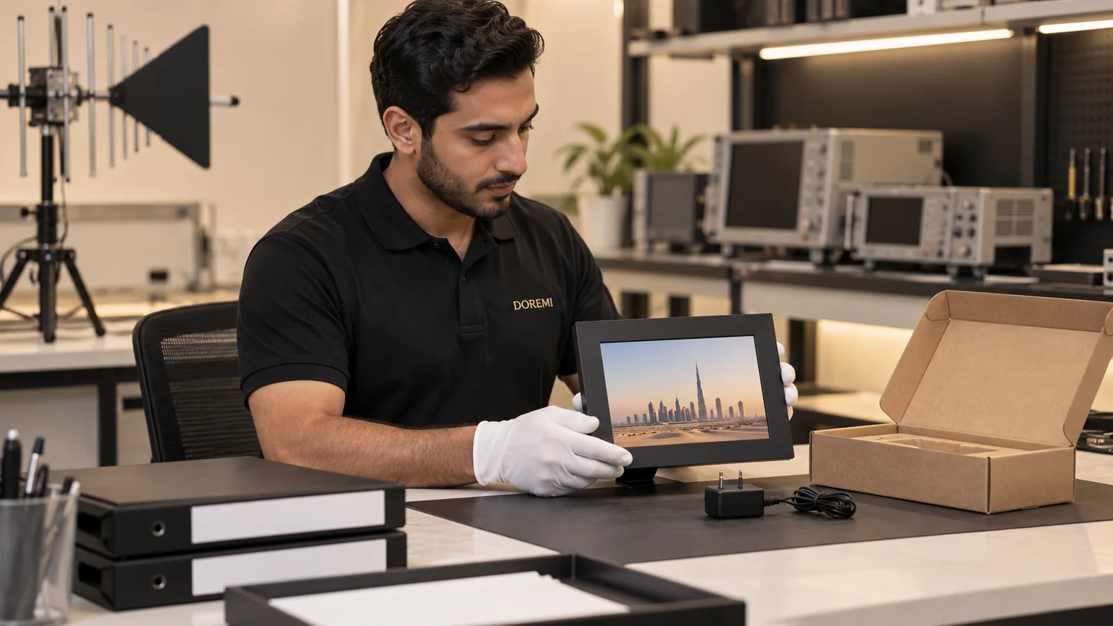 DOREMI quality engineer preparing a black Wi-Fi digital photo frame and blank sample pack for UAE technical review